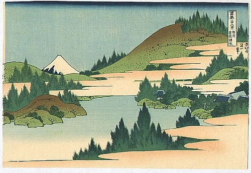 Image description: A print of one of Hokusai's 36 Views of Mt. Fuji. A pastoral scene shows grasses and trees among rolling hills, just the peak of Mt. Fuji can be seen in the distance. 