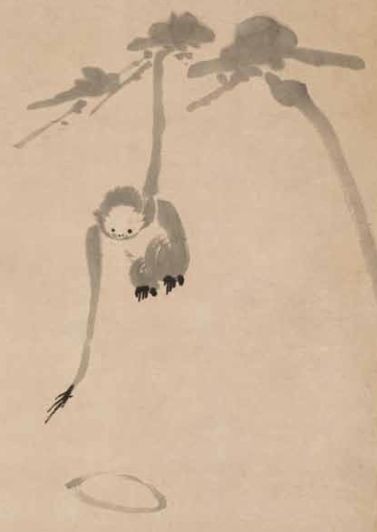 Image description: A sumi ink painting of a monkey reaching down from a branch to touch the water, by Hakuin Ekaku