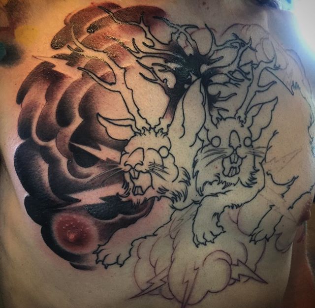 Progress on the two headed jackelope. #tattoo #jackelope #twoheadsarebetterthanone #nipslip