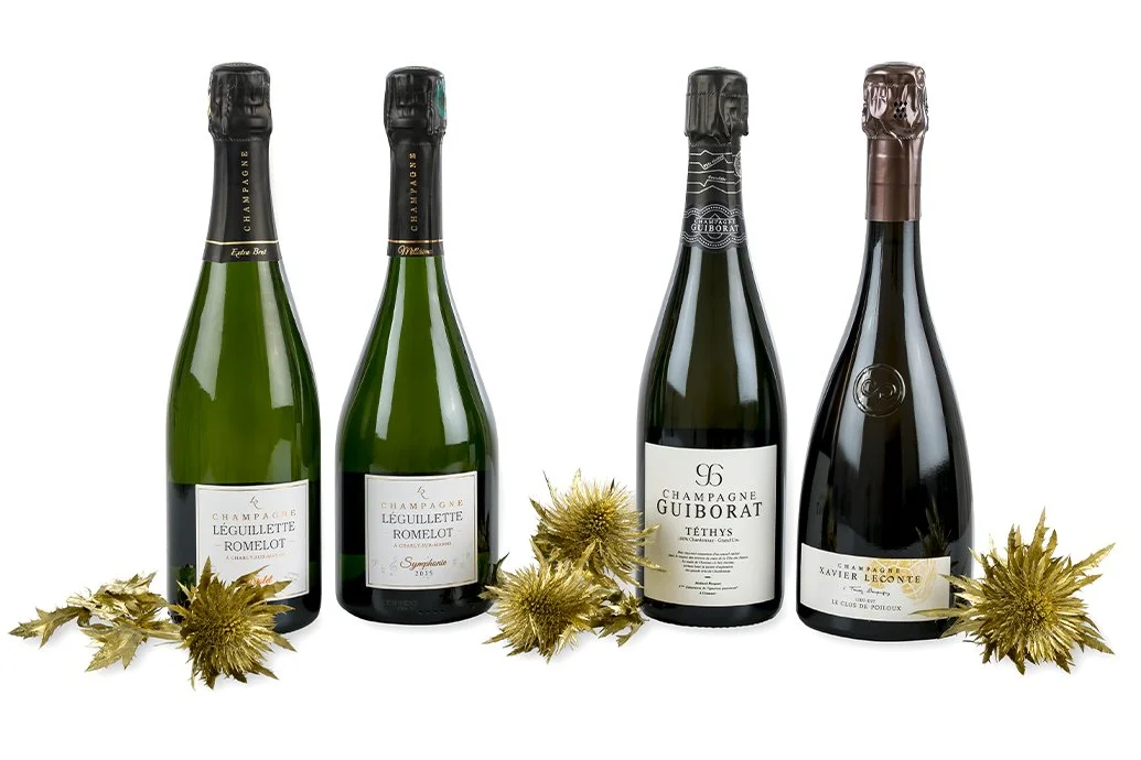 Vier Flaschen Champagner mit vergoldeten Disteln dekoriert