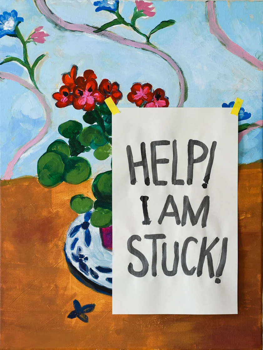 The painting in the background is my very rough study of Matisse's 1915 Geraniums that's currently at the Harvard Art Museum. No original oil paintings had anything taped to them to produce this post.