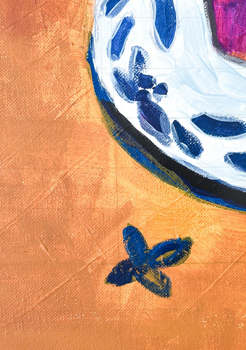 There are four different types of flowers in a single painting: the geraniums in the pot, the dry flower on the table (above!), the flowers painted on the plate, and the ones on the wallpaper. I love looking at details.