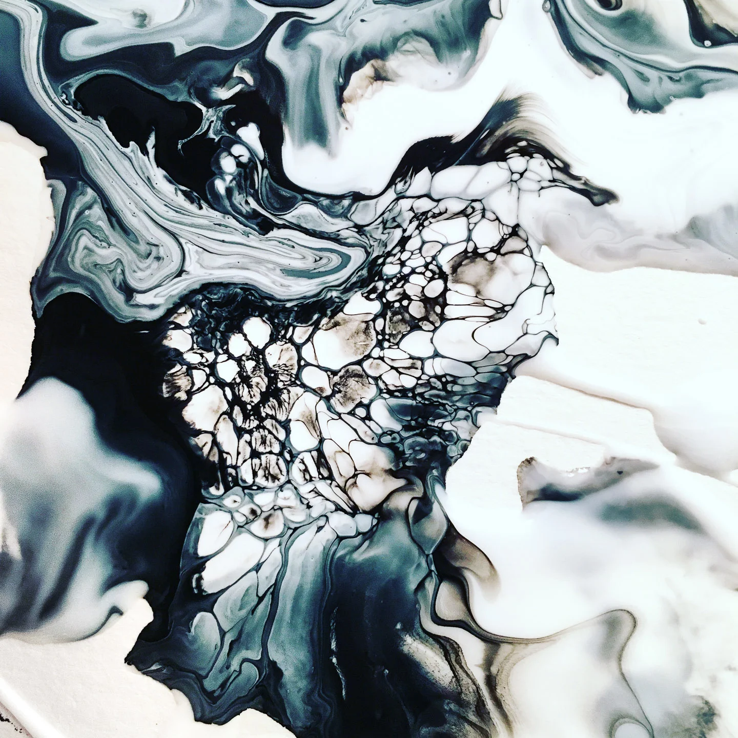 Acrylic ink, white paint, gloss medium - before the piece dried. (detail)