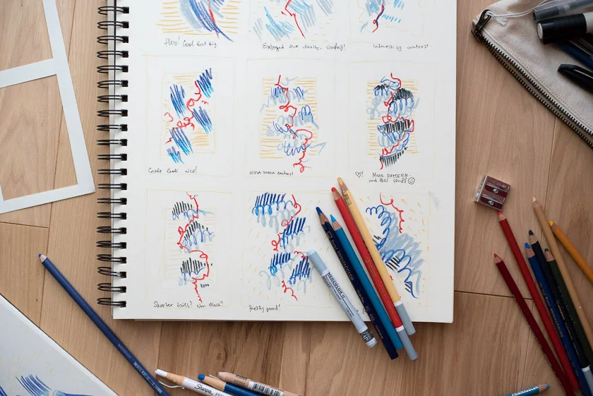 Here are nine sketches of the same idea, with the same materials. I think one or two of them are pretty good! You can even see how I gave myself feedback along the way. I also tried other combinations of pencils, made a cut-out template for nine same-size drawings, and used other tools and materials. It's OK to spread out!