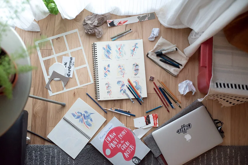 All of the things I actually need to keep around to make stuff like the tiny little pencil drawing featured above. Not shown - a camera to document this mess, a stool I'm standing on to get the full picture, and a curtain I use to separate the room in two and pretend I have a dedicated art studio :)