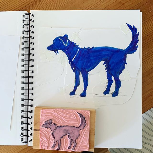 Drew my dog (styled after the Black Dog brand logo) and made a stamp. Luckily, the rough edges in the linoleum block work well to show how scruffy the model is. Sometimes working with limitations (in this case, also inexperience with material) is a f