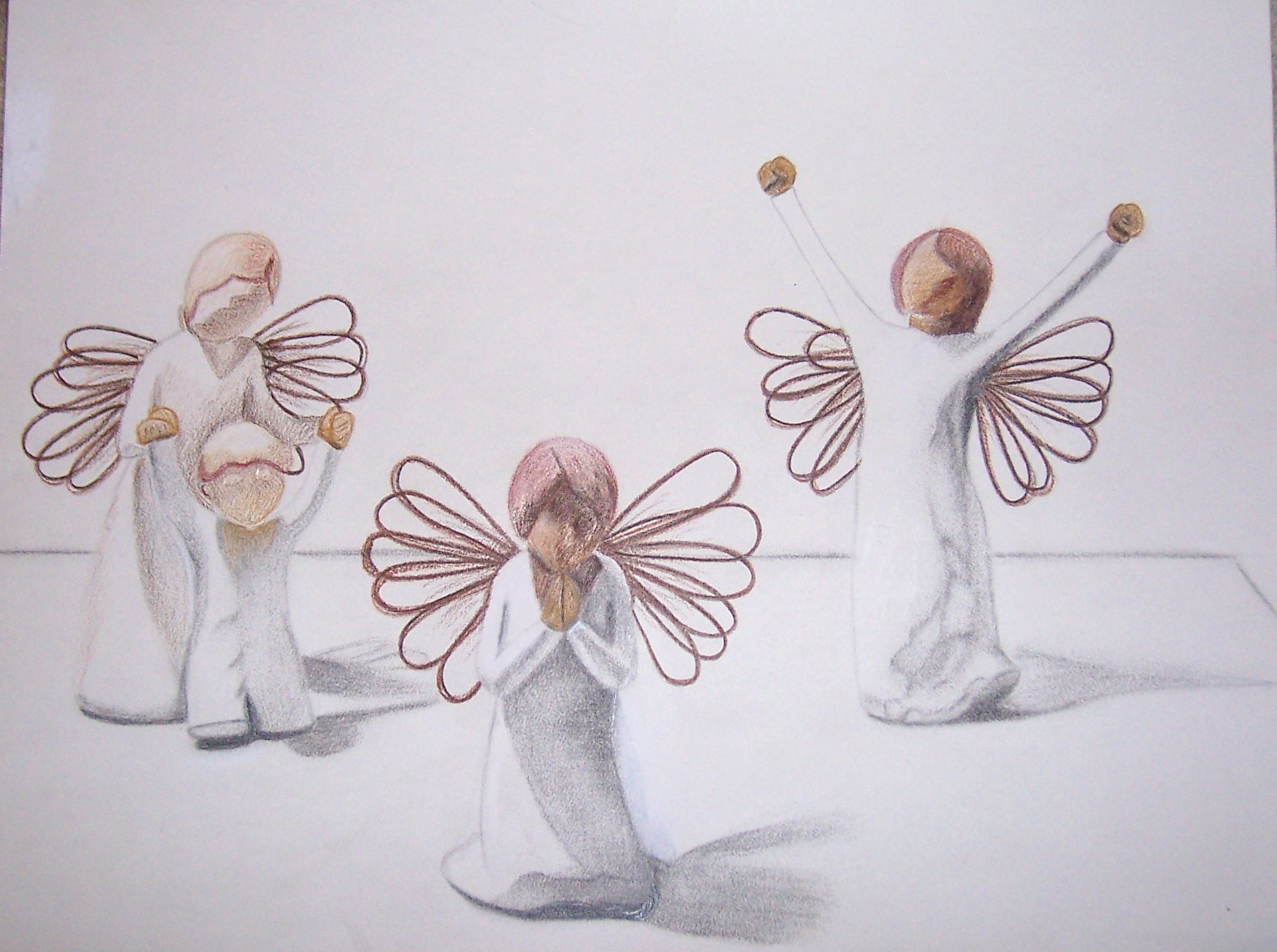 We had to draw 3 objects that represented us in a symbolic way. I was done with drawing random objects together so I went with 3 wooden angels that I have received as a gifts over the years. The angel on the left represents family, the middle angel represents faith and spirituality and the angel on the right represents courage. My teacher thought those three angels summed me up quite nicely.