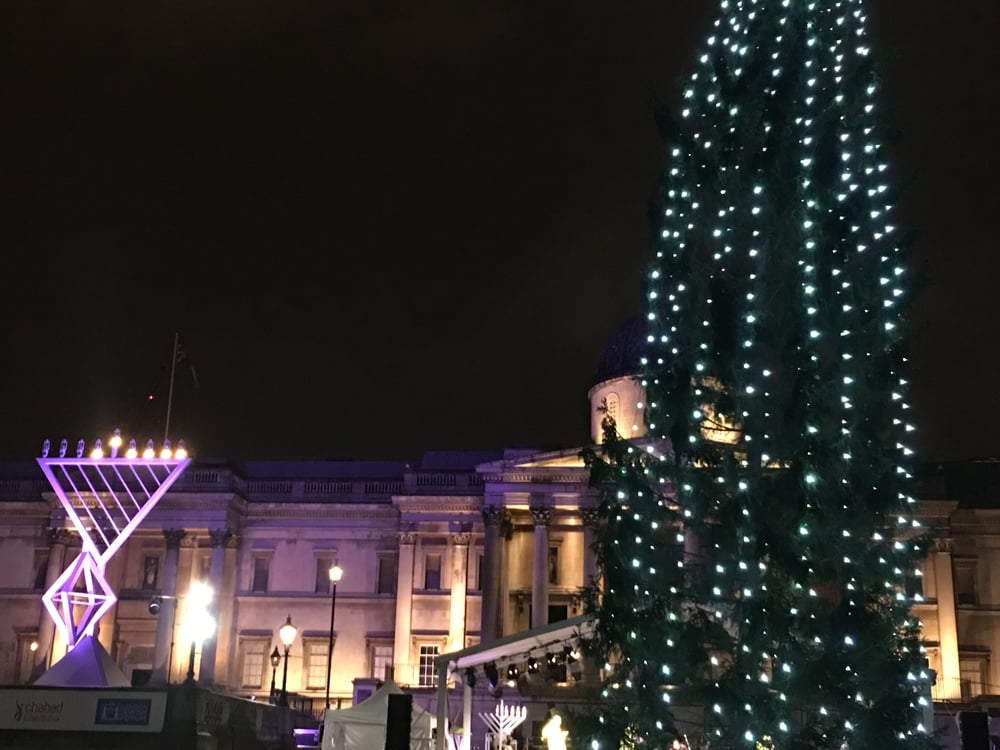  Menorah and Christmas tree (tree given annually by Norway in appreciation for World War II) in Trafalgar Square 