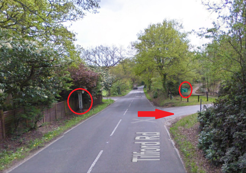 View when approaching from Farnham. There are two signs, one on either side of the road.