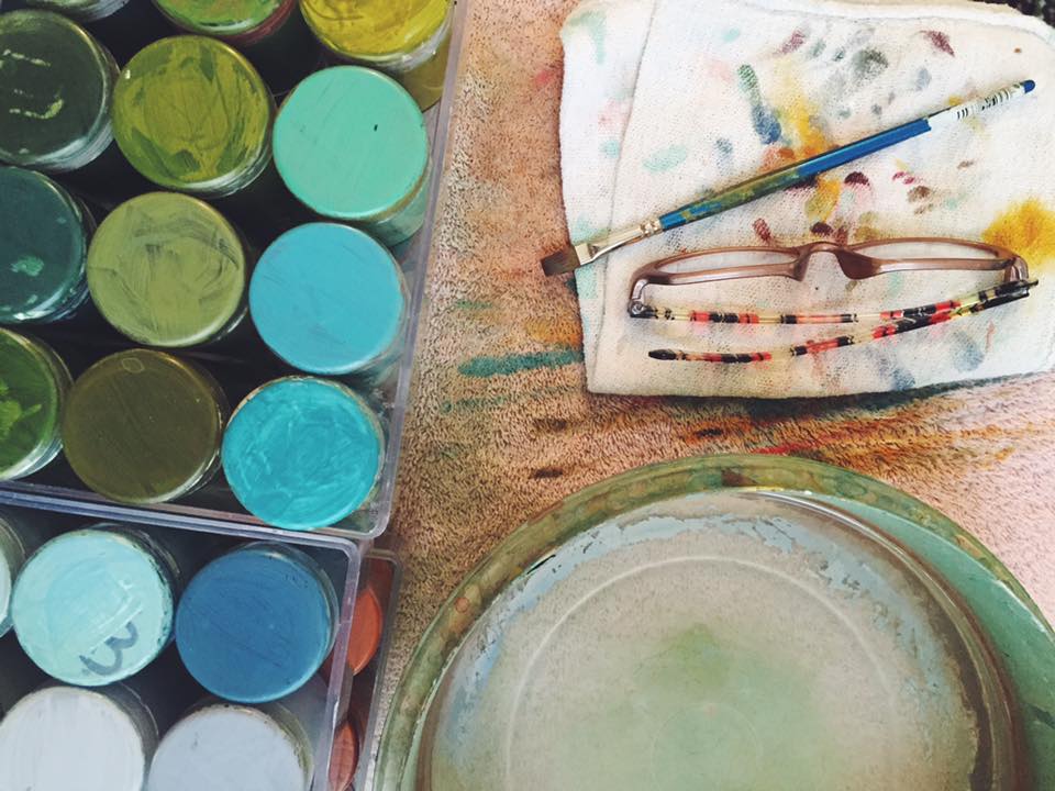 I mix the colors I need, and keep them in jars as I go, almost like saving a basket of threads and yarns.