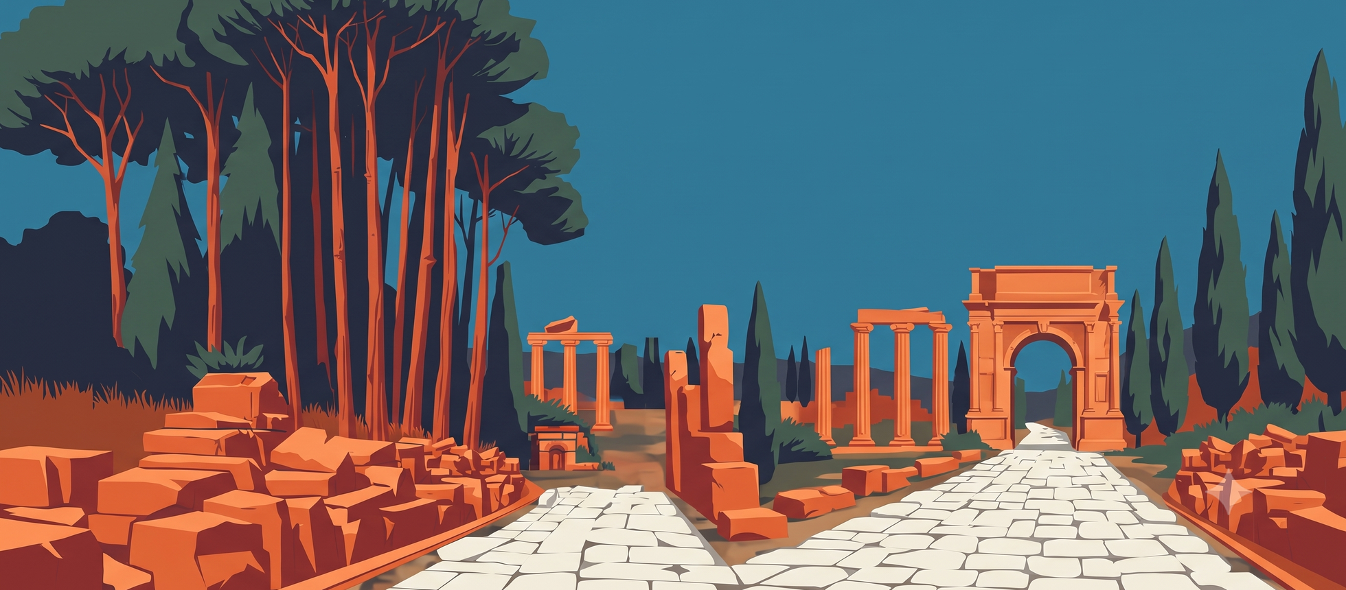 Illustrated Roman pine forest and ruins for The Mighty Pines concert.