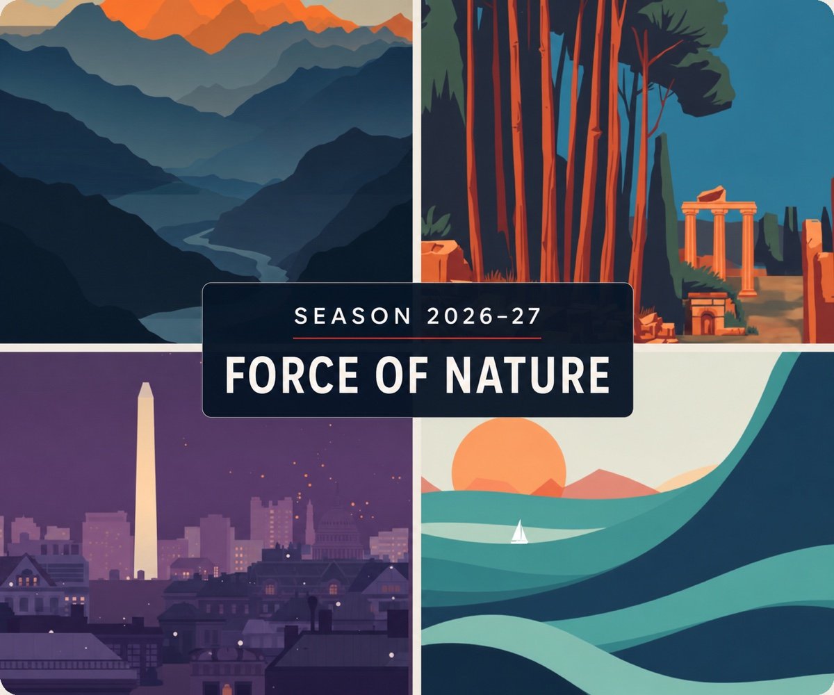 Season 2026–27: Force of Nature, combining illustrated mountain, forest, city, and ocean scenes from four Capital City Symphony concerts.