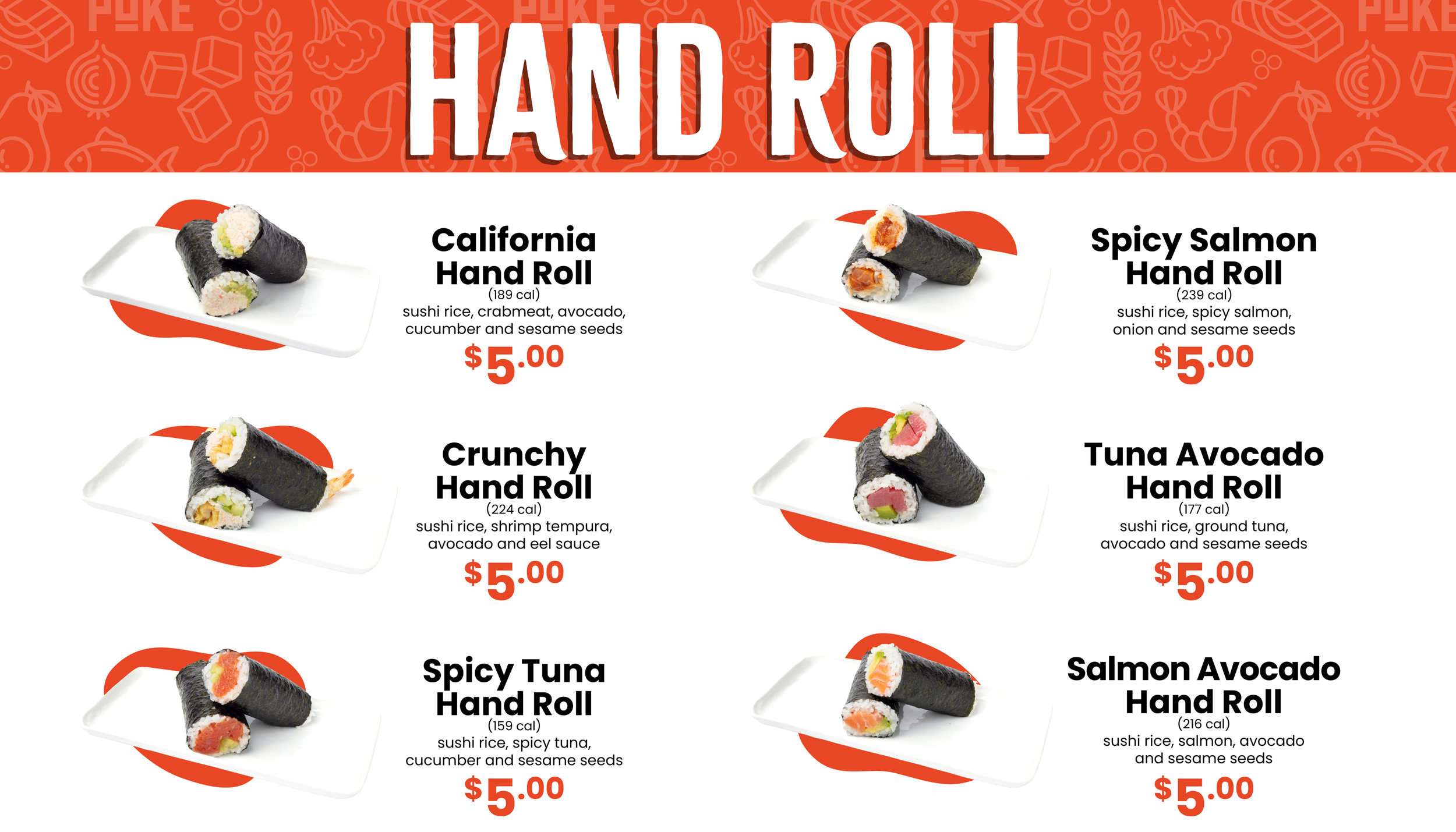 Uroko Poke menu showing hand rolls including Spicy Tuna and Salmon Avocado, plus signature bowls like Seared Volcano, Grilled Eel, and Kids Bowl with prices