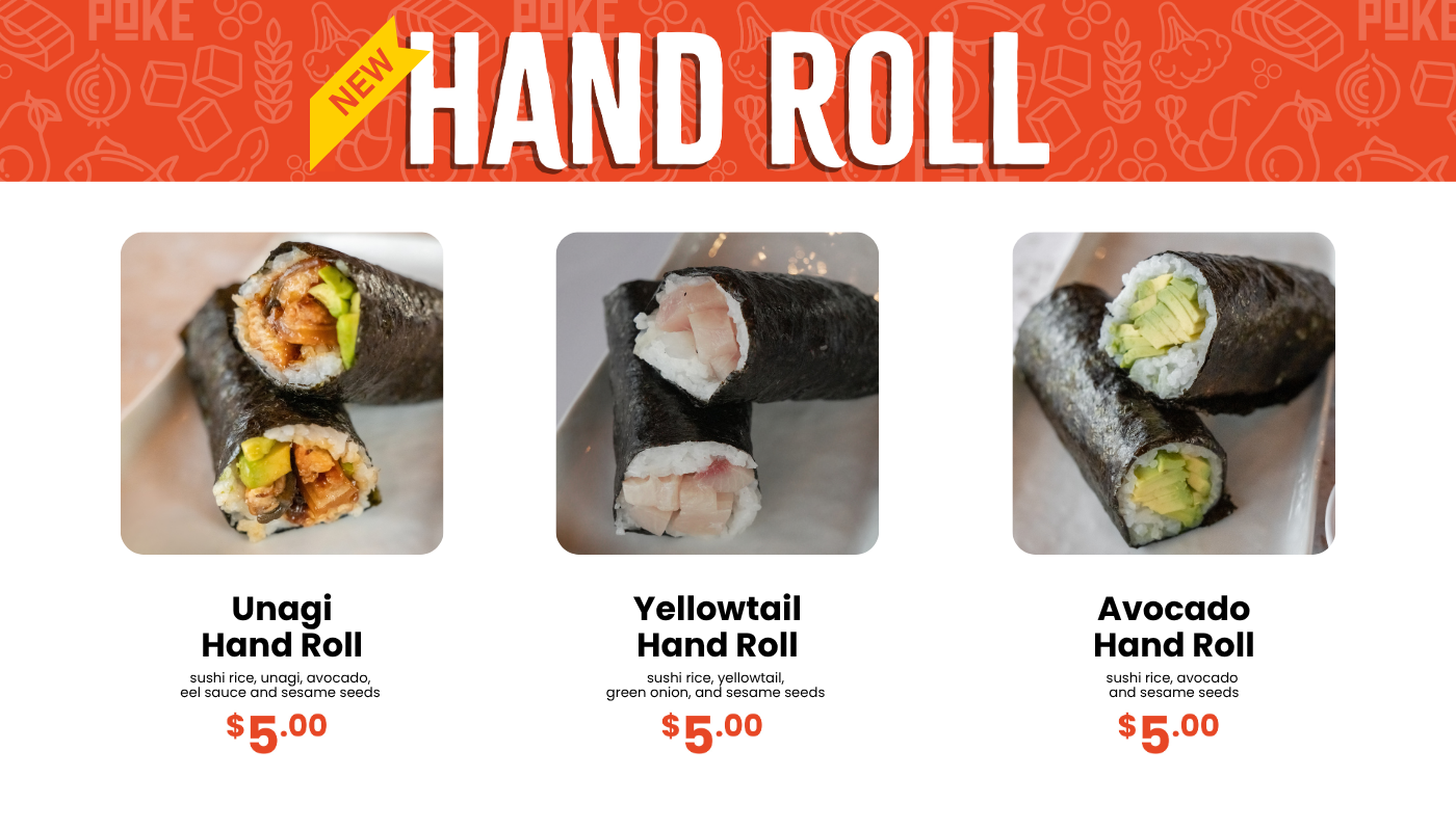 Uroko Poke menu showing hand rolls including Unagi Hand Roll, Yellowtail Hand Roll and Avocado Hand Roll with prices