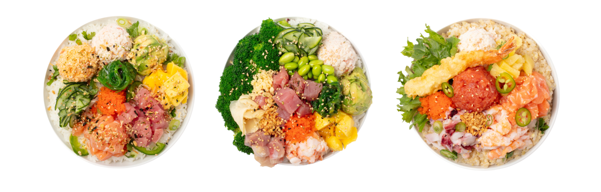 Three Uroko Poke signature bowls with fresh tuna, salmon, shrimp, edamame, avocado and toppings on white rice