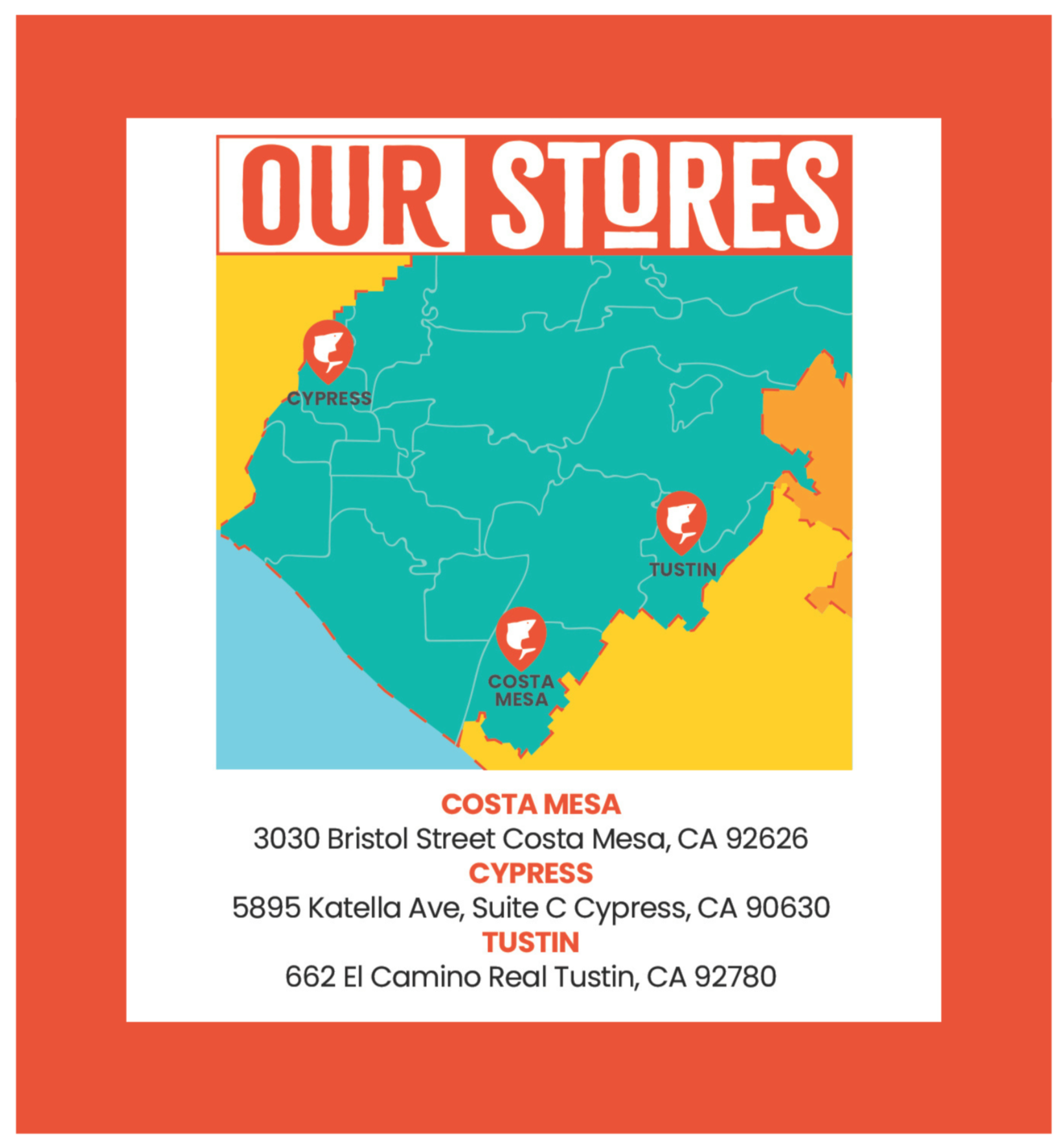Map showing Uroko Poke locations in Costa Mesa, Cypress, and Tustin California with addresses
