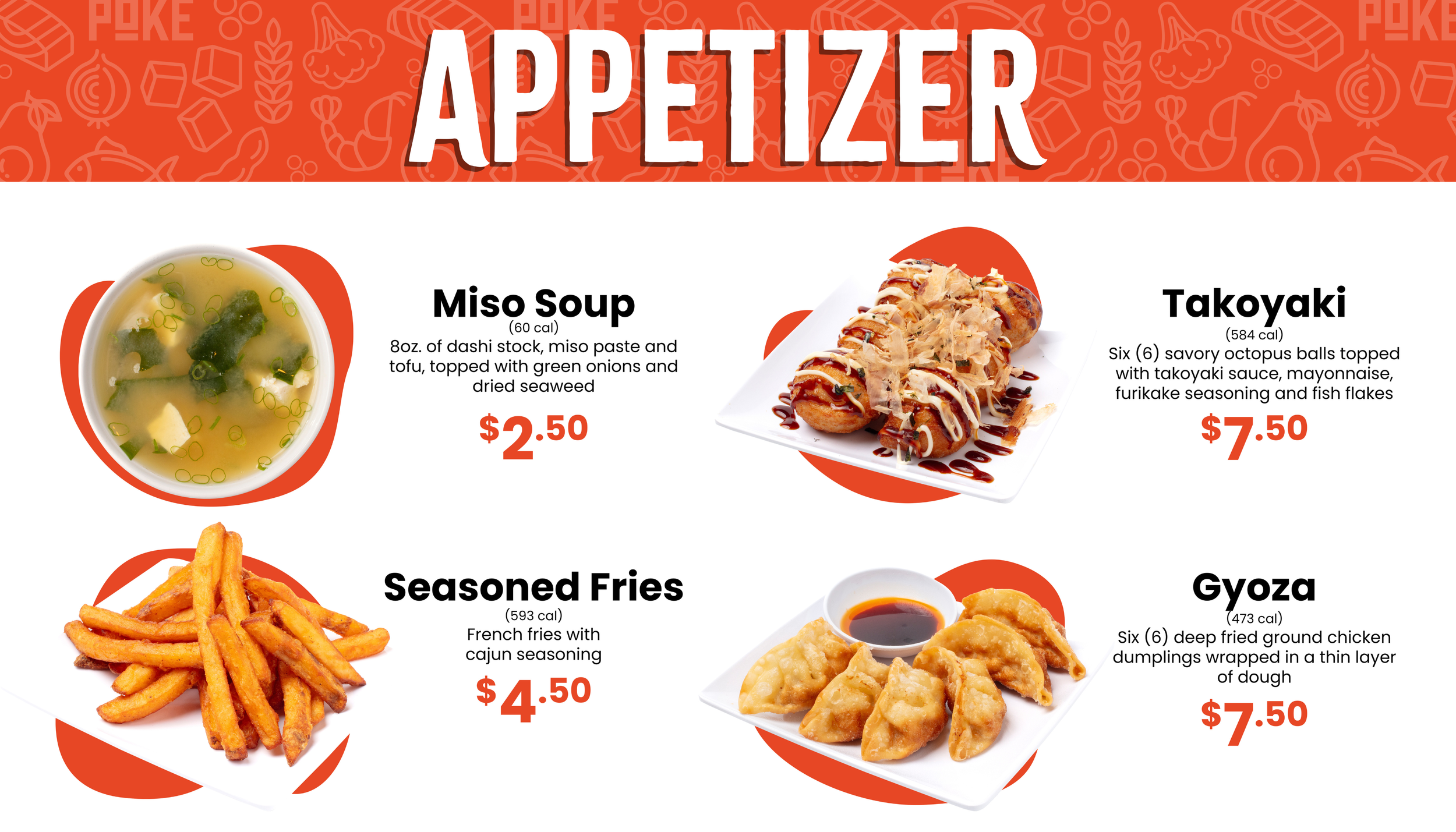 Uroko Poke appetizer menu showing Miso Soup for $2.50 and Takoyaki octopus balls for $7.50