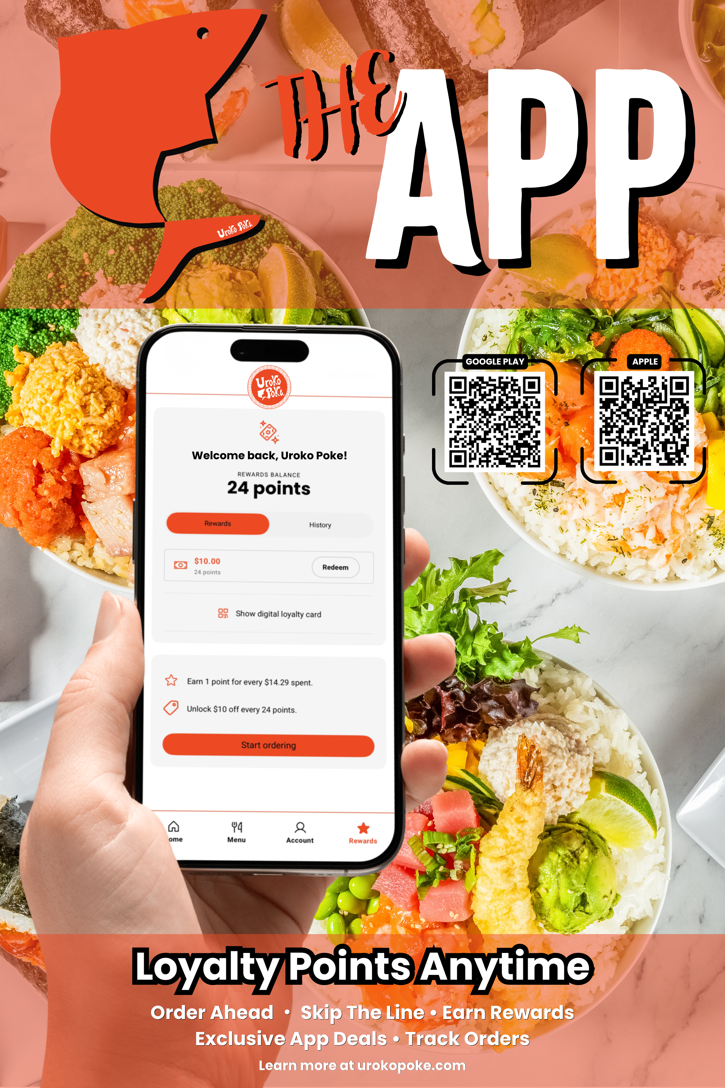 Uroko Poke app promotion poster showing loyalty rewards, QR codes to download on Google Play and Apple App Store