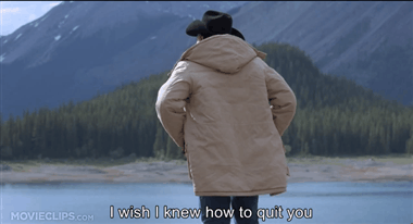 A pensive cowboy looks out across a lake and says, "I wish I knew how to quit you." Like I do, to my business.