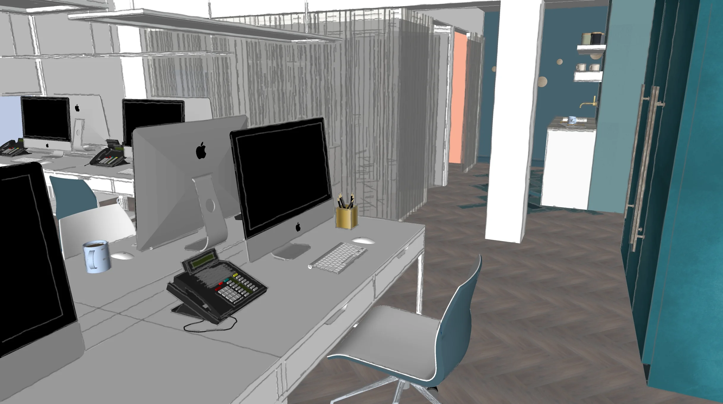 View of desk with kitchen and manager office.jpg