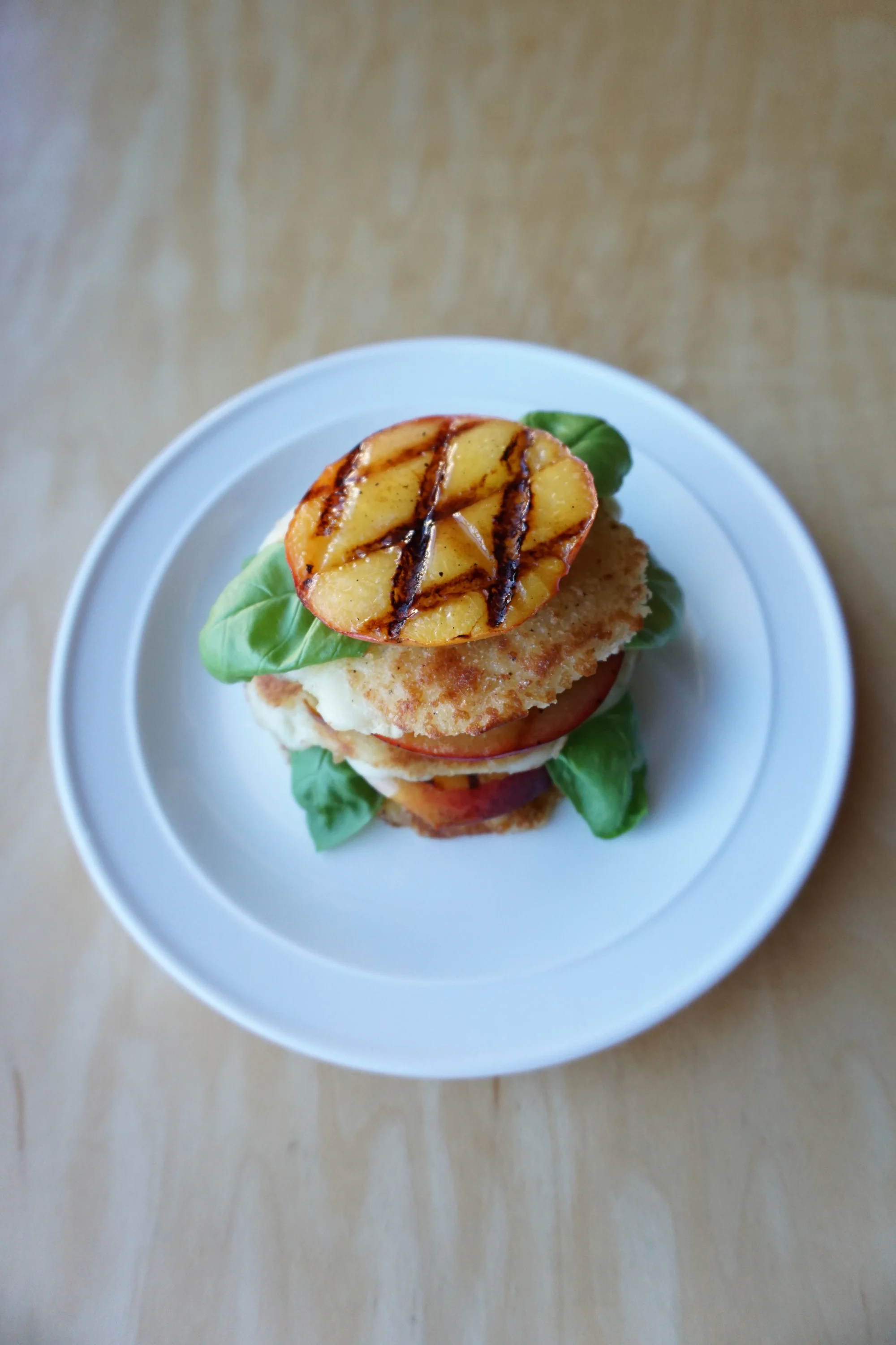 Fresh Nectarine, Basil, & Fried Mozzarella Stacks with Balsamic Reduction