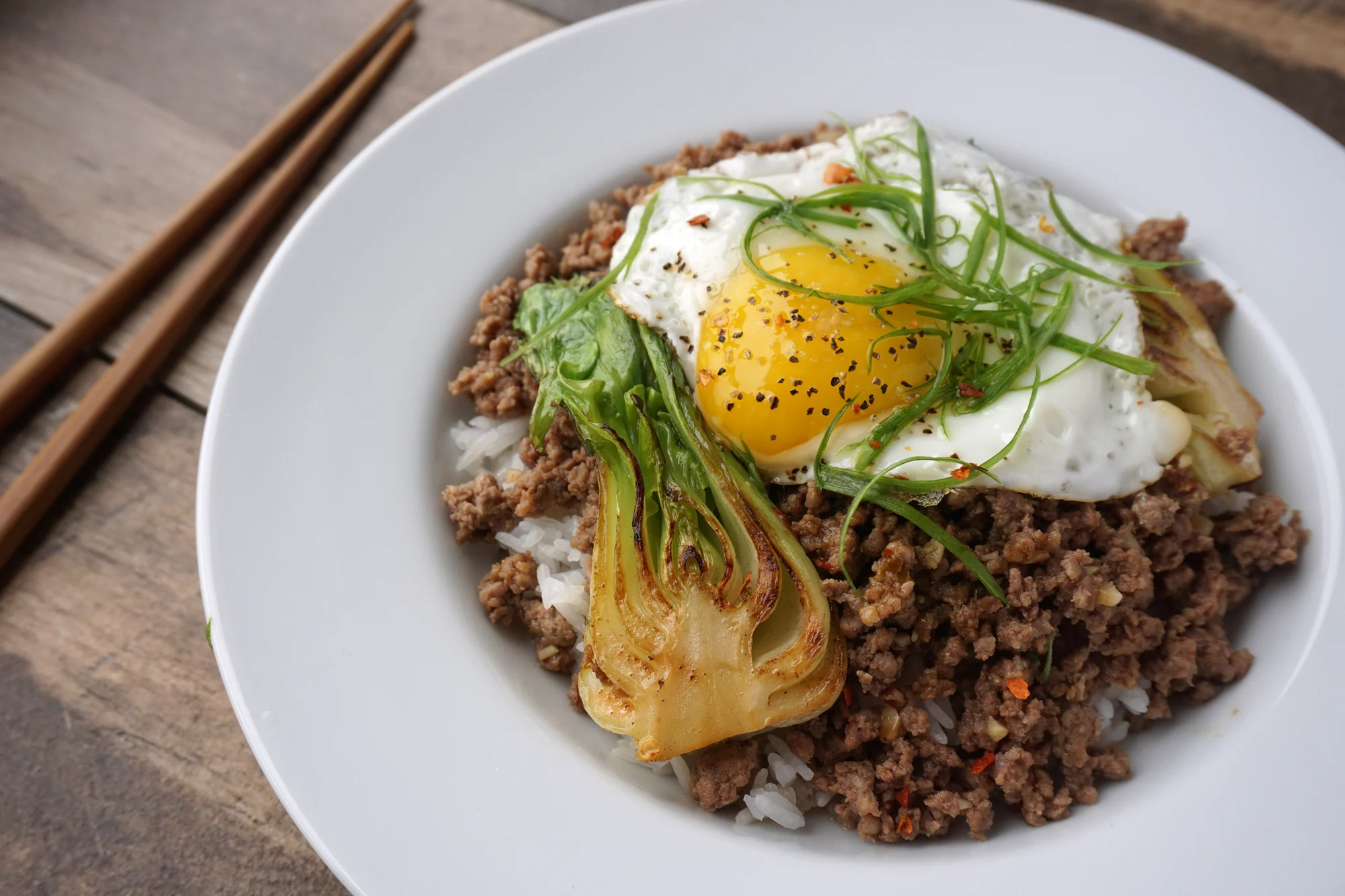 Sambal Minced Beef with Fried Egg and Bok Choy