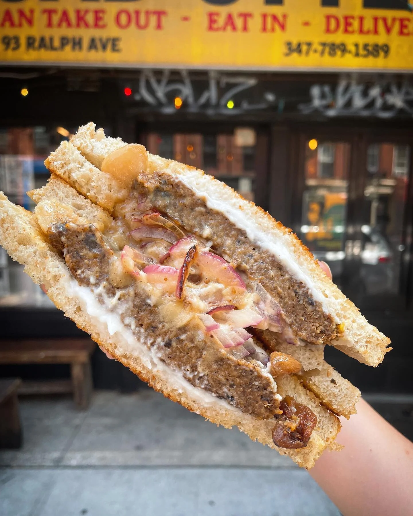 GARLIC CONFIT PATTY MELT - now on special! Creamy buttery rosemary garlic confit, grilled onions, burger patty, sweet chili mustard &amp; almond mozzarella on toasted sourdough 🧄💜