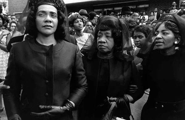 Leaving church after the funeral of Martin Luther King, Jr. Coretta Scott King, Alberta Williams King, King's mother, and Christine Farras, King's sister. Photograph by Bob Fitch.