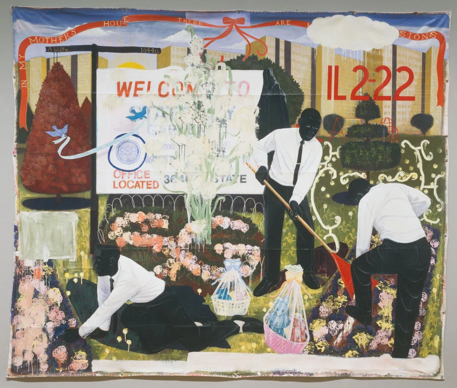 Many Mansions Acrylic and collage on unstretched canvas, 114 x 135 inches (1994)