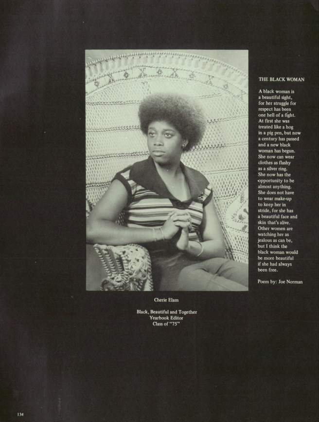 Cherie Elam, Black, Beautiful and Together. Yearbook Editor, Class of '75 at Dunbar Vocational High School, South. Side, Chicago (1975)