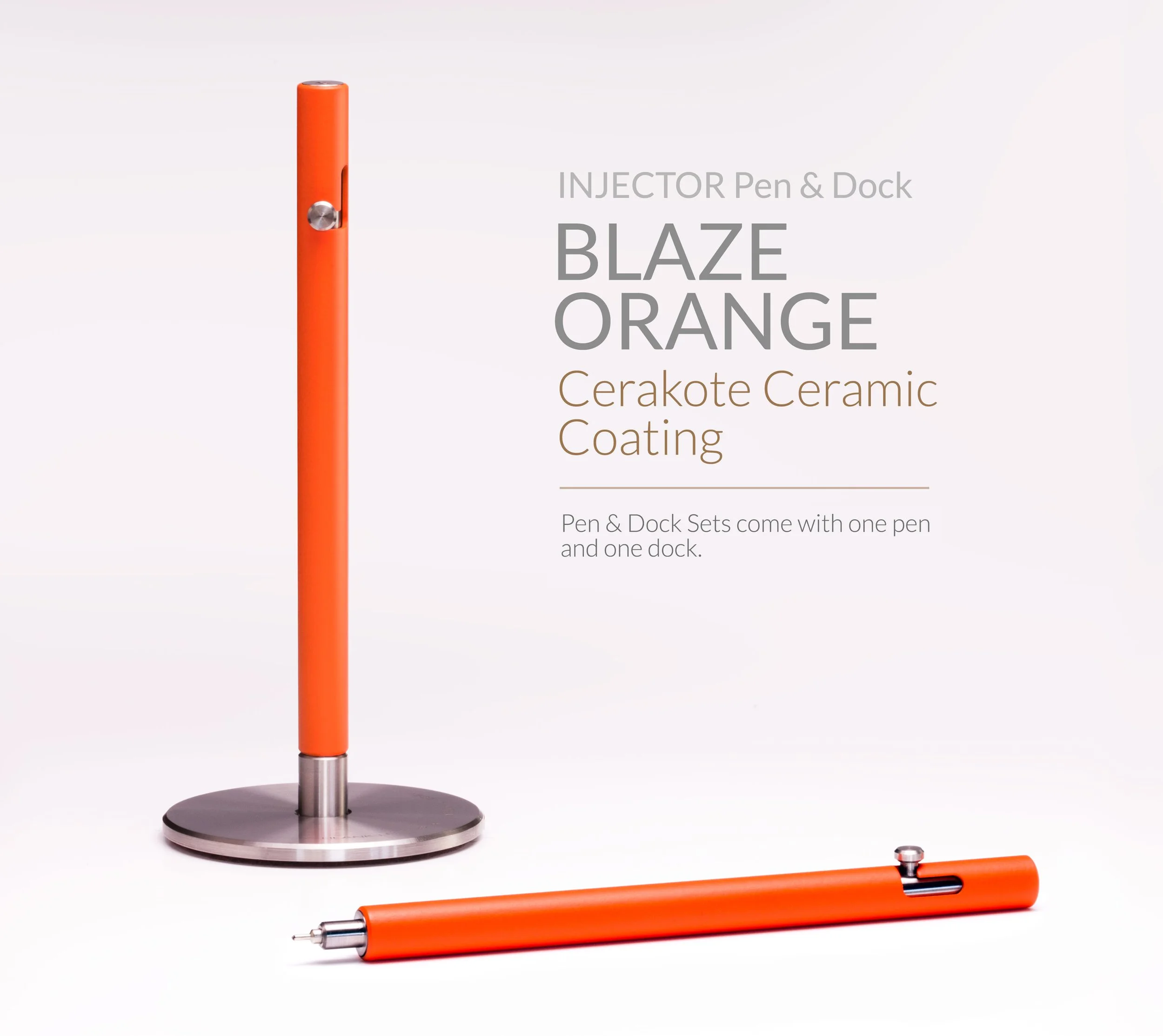 Cerakote Blaze Orange version of the Injector titanium bolt action pen, shown in the Dock and on the table.