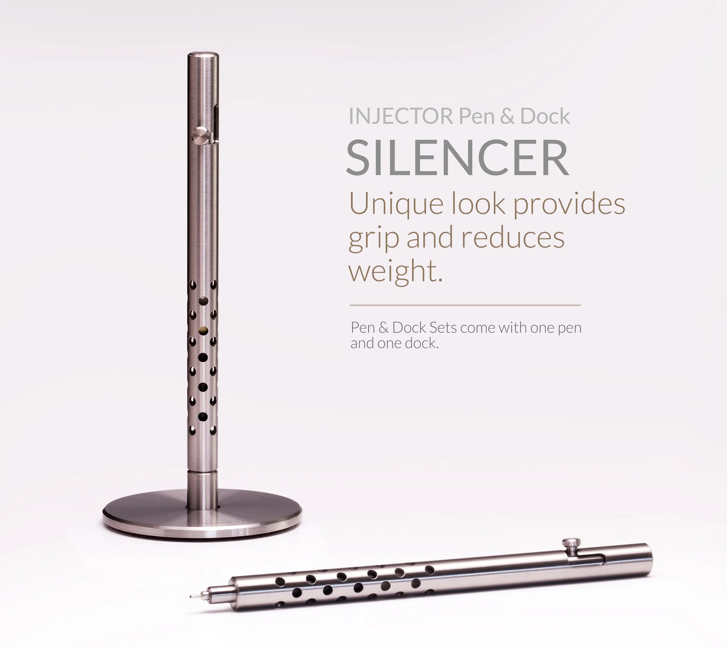 Silencer version of the Injector titanium bolt action pen, shown in the Dock and on the table.