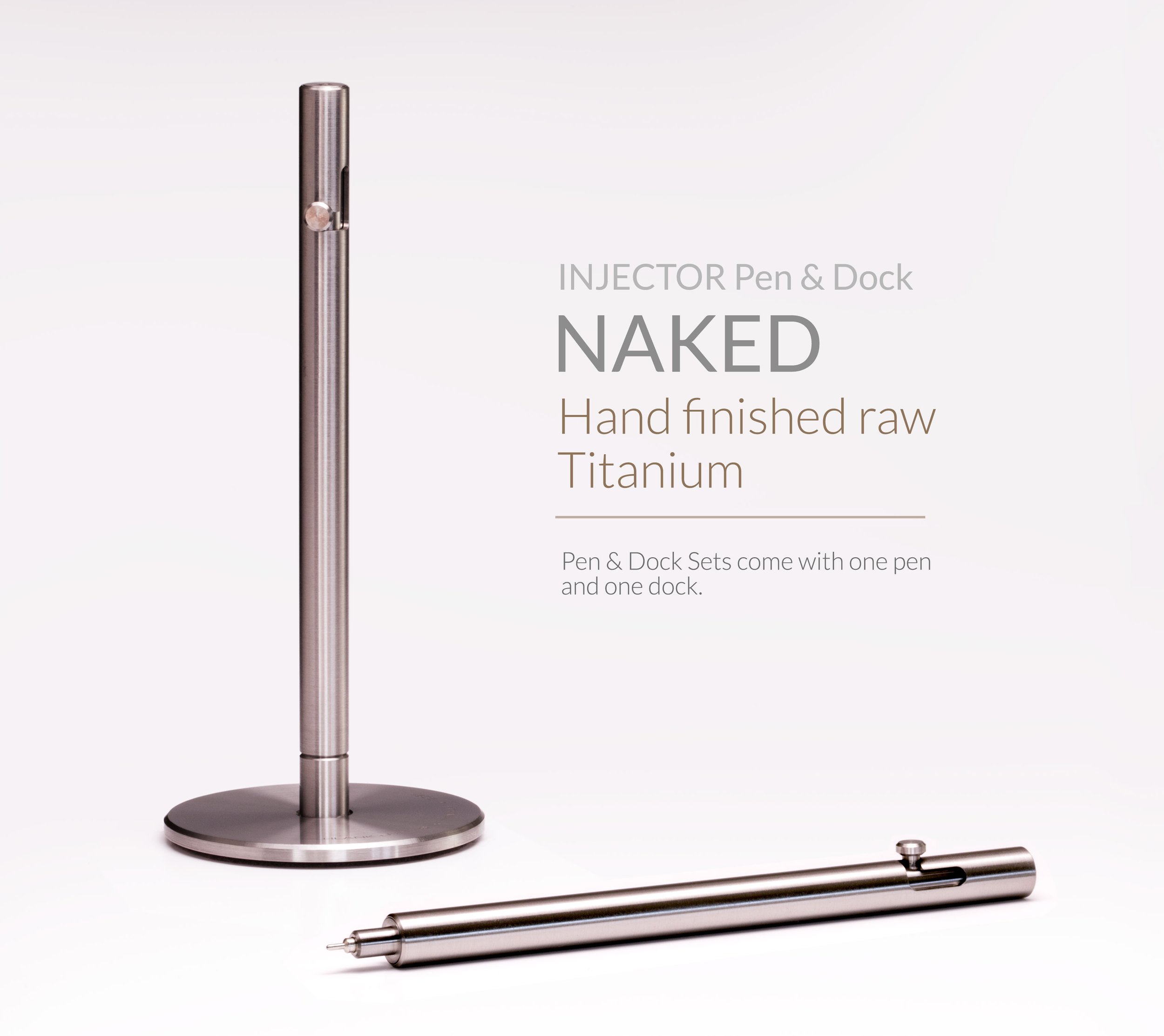 Naked version of the Injector titanium bolt action pen, shown in the Dock and on the table.
