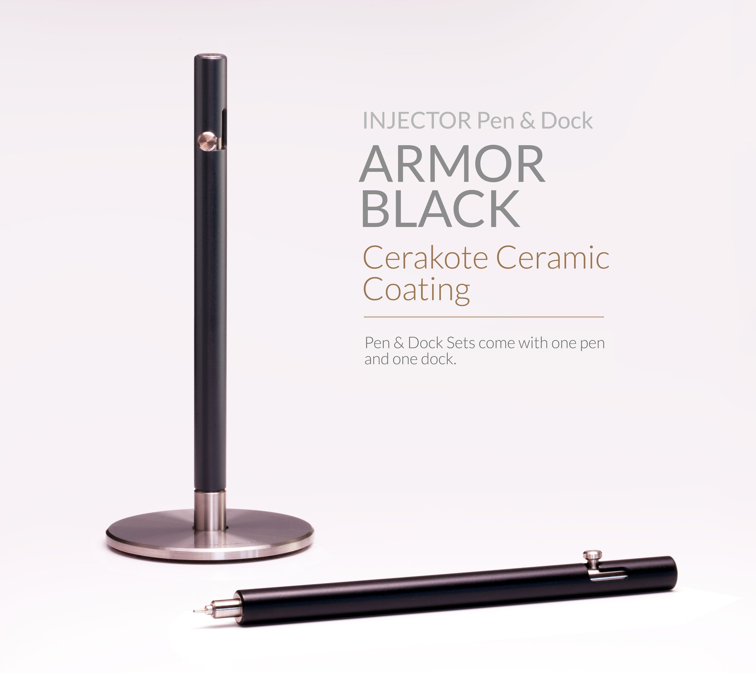Cerakote Armor Black version of the Injector titanium bolt action pen, shown in the Dock and on the table.
