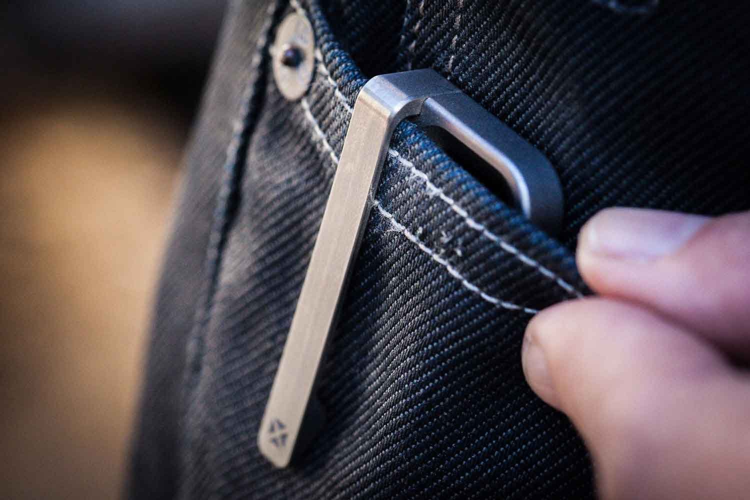 EDC Titanium HyperLink carabiner keychain clipped to inside of pocket.