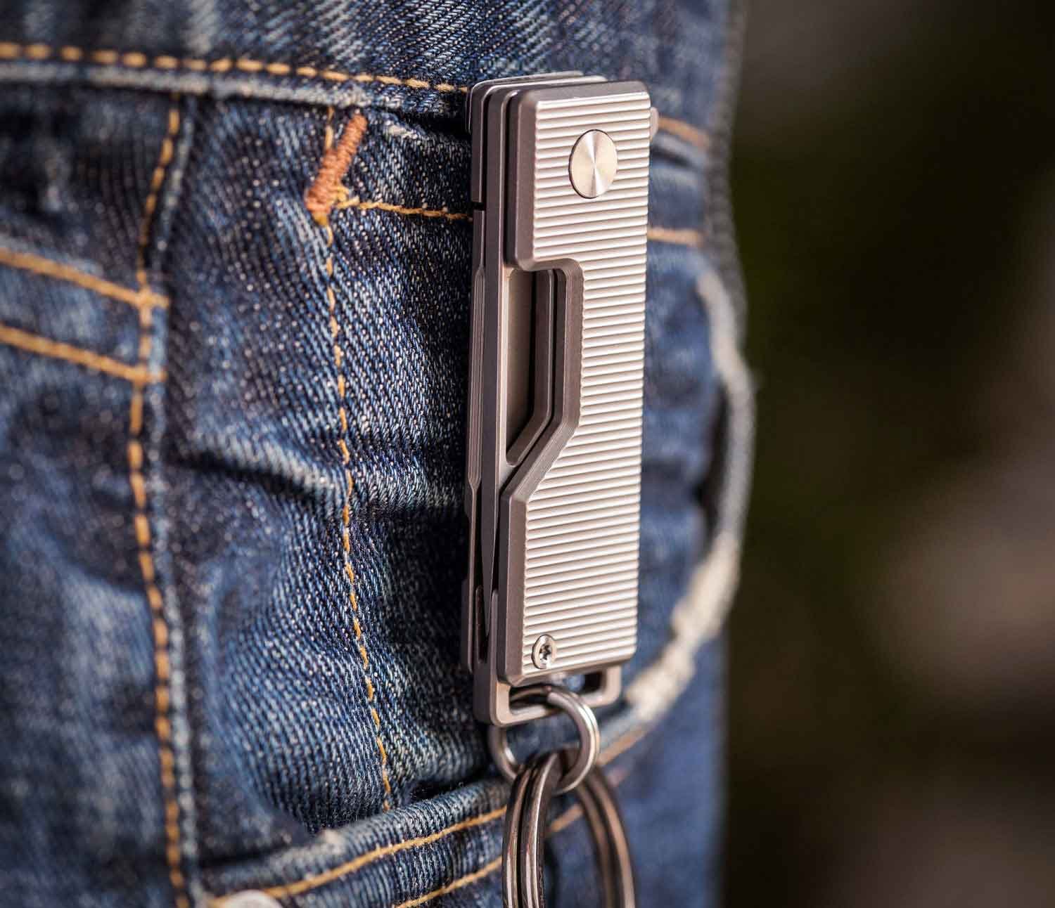 Titanium Pocket Tanto keychain knife clipped to pocket with key hanger. 