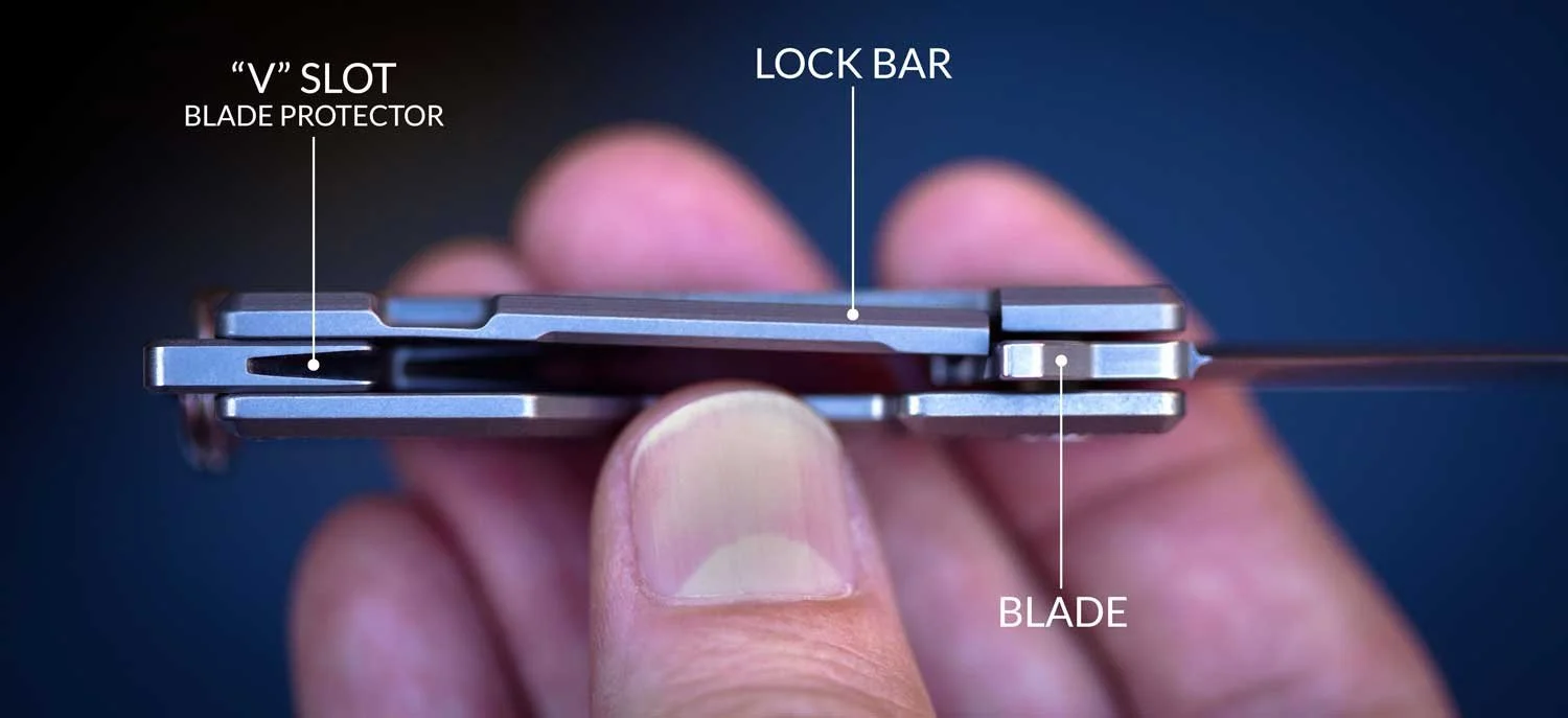 Top down view of the Vector version of the Pocket Tanto keychain knife showing the lock-bar and blade protection "v" slot.