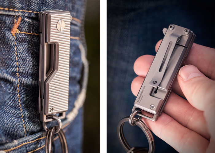The Pocket Tanto keychain knife, clipped to pants pocket and closeup of the clip.