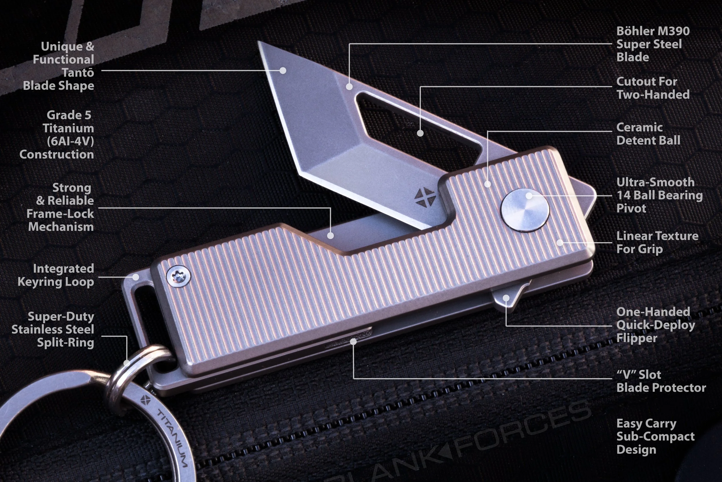 Feature callouts on the Vector version of the Pocket Tanto EDC keychain knife.