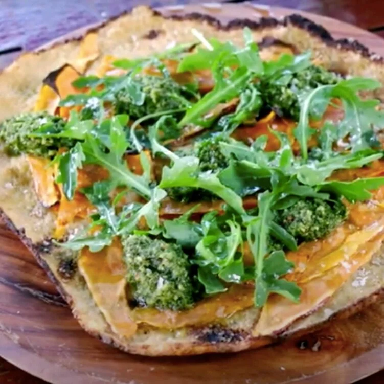 Cauliflower Pizza with Sweet Potato and Pesto