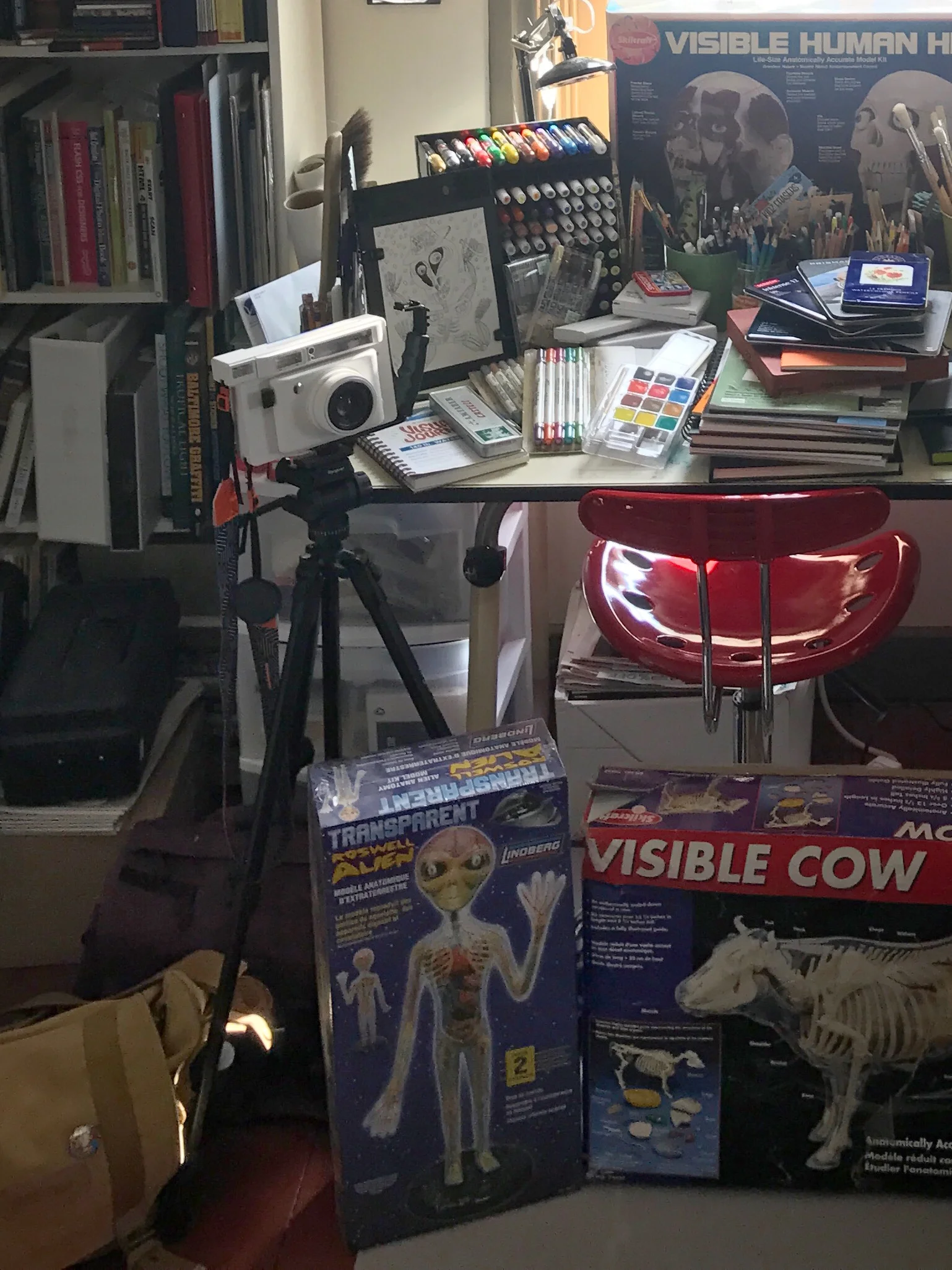 Projects waiting to be completed and art supplies to be tried.
