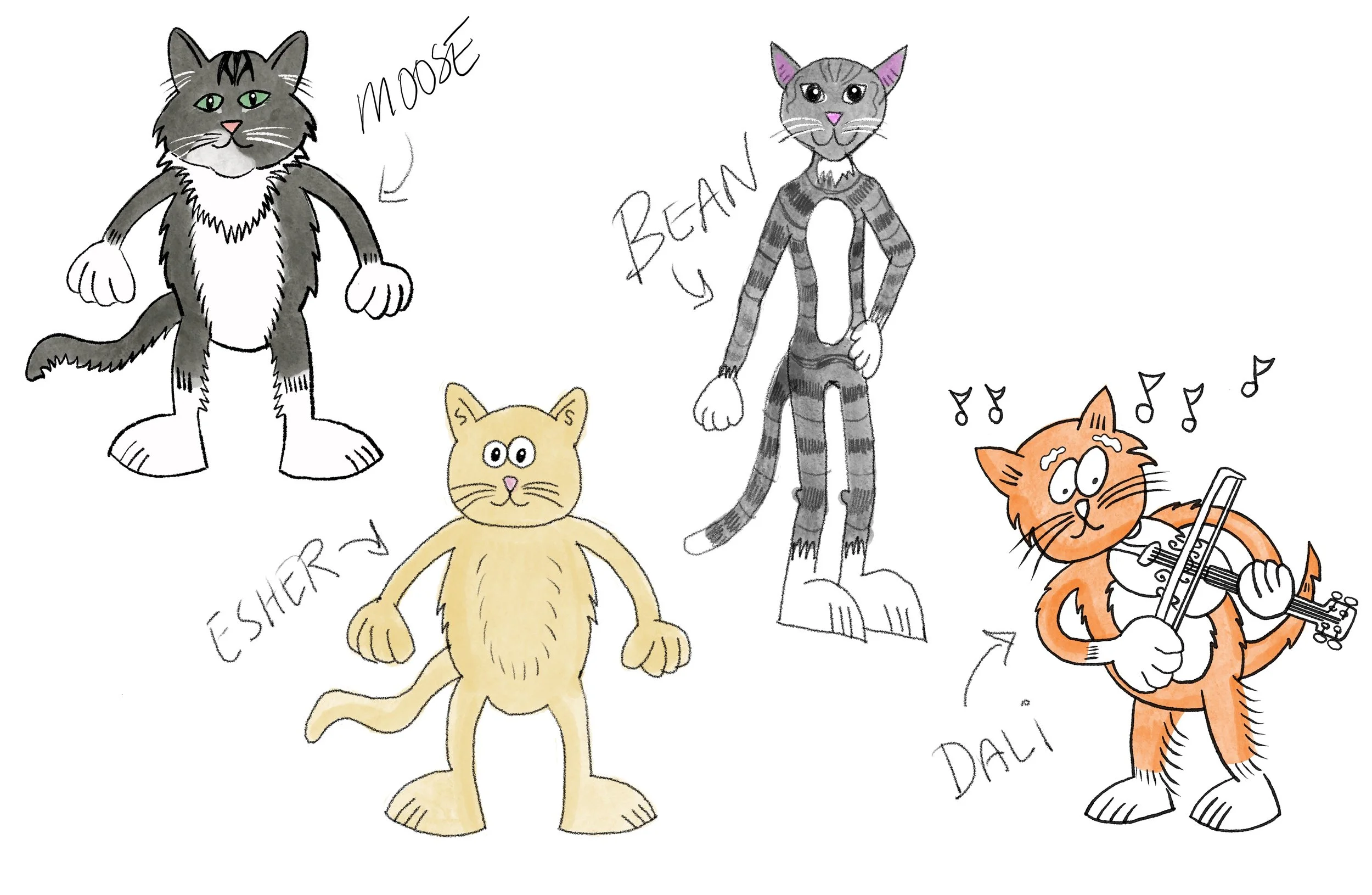 The Catnip Cocoa Cats are four cats in a new children's book. Moose, Bean, Escher, and Dali.