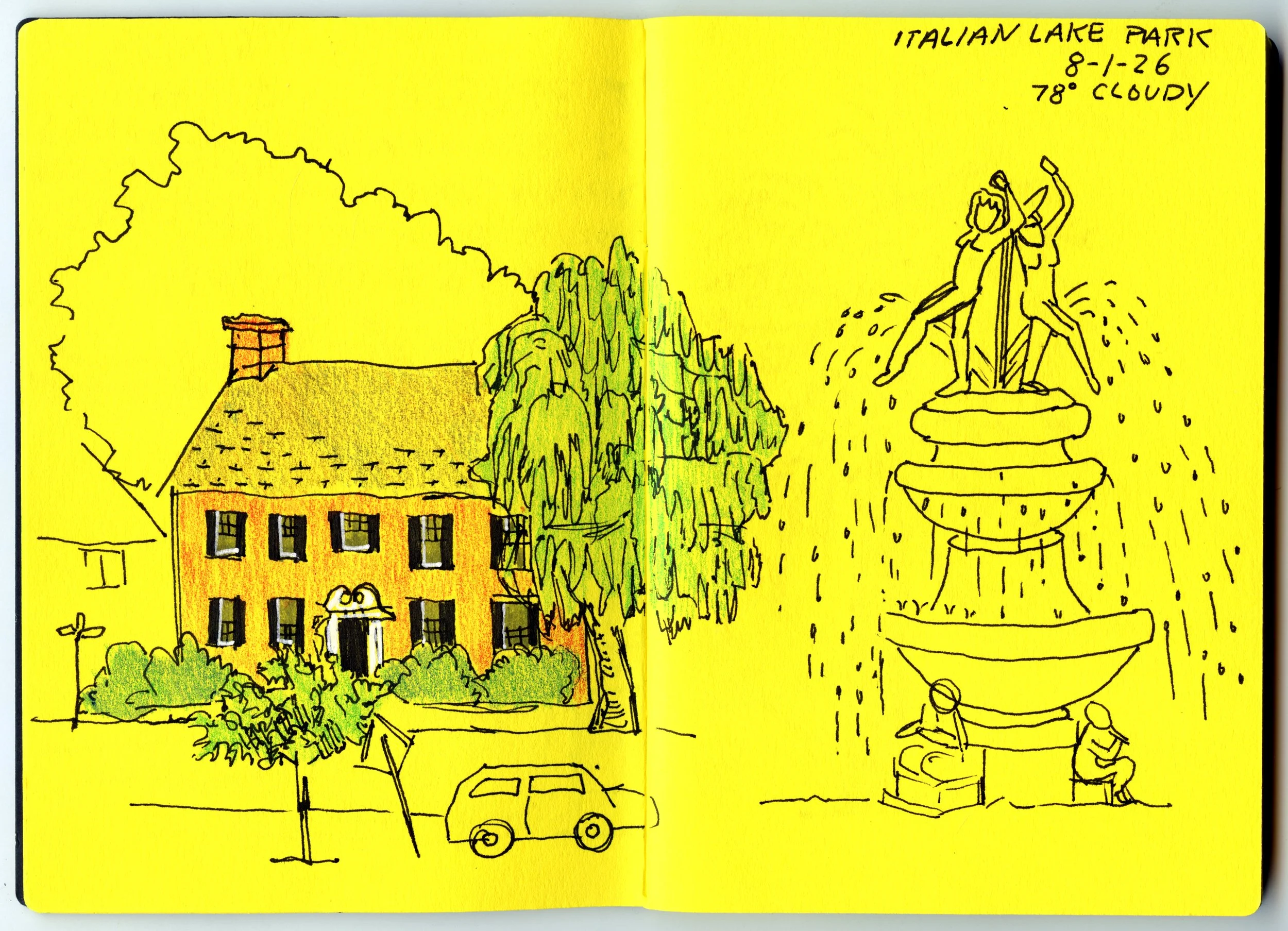 drawing of house and tree and drawing of water fountain sculpture