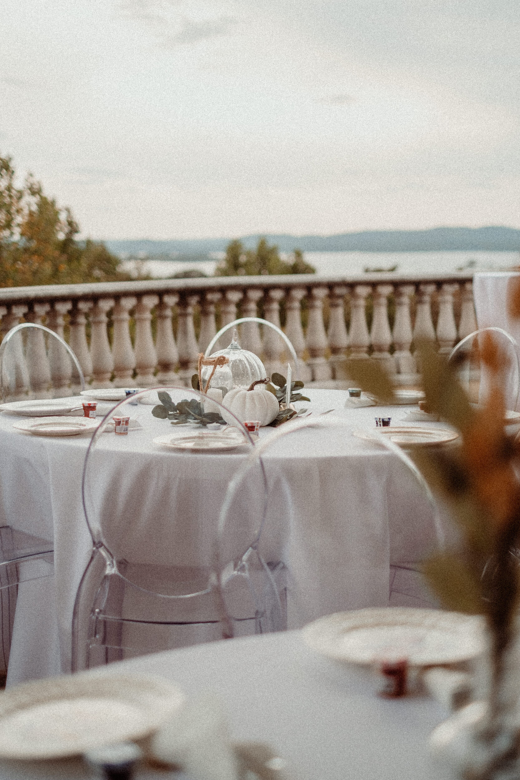 wedding reception on balcony overlooking the lake, detail photos