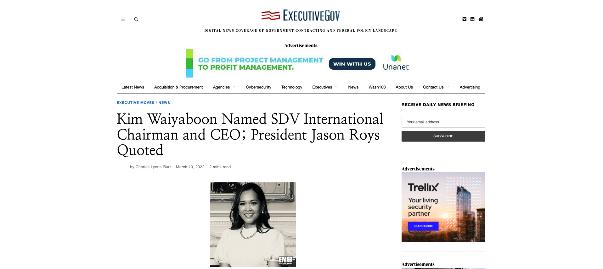 Kim Waiyaboon Named SDV International Chairman and CEO; President Jason Roys Quoted