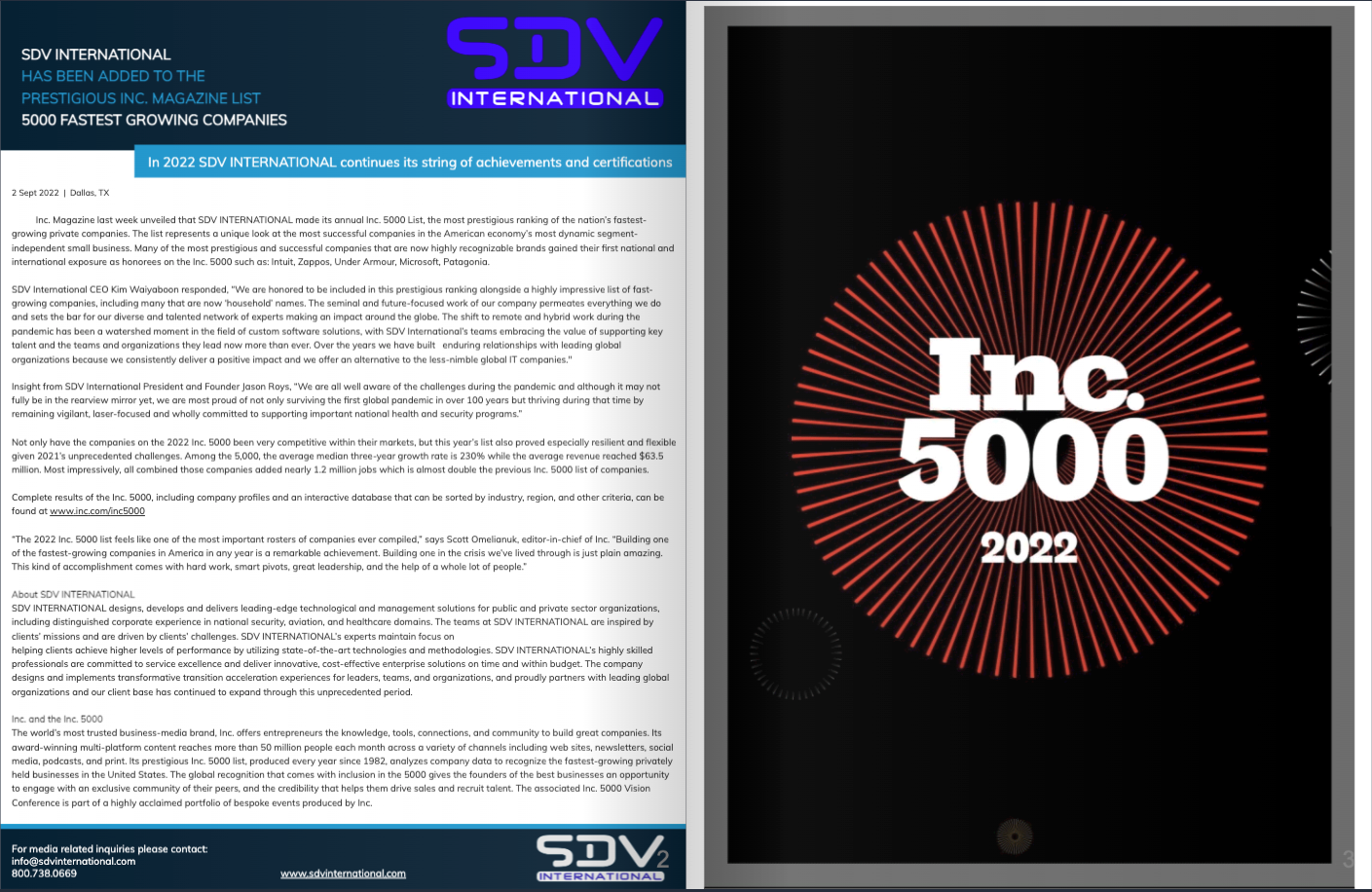 Inc. Magazine unveiled SDV INTERNATIONAL on Inc. 5000 List