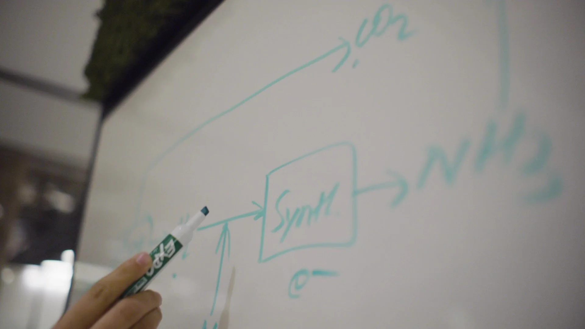 Photo of Syzygy founder drawing out the green ammonia synthesis process on a white board