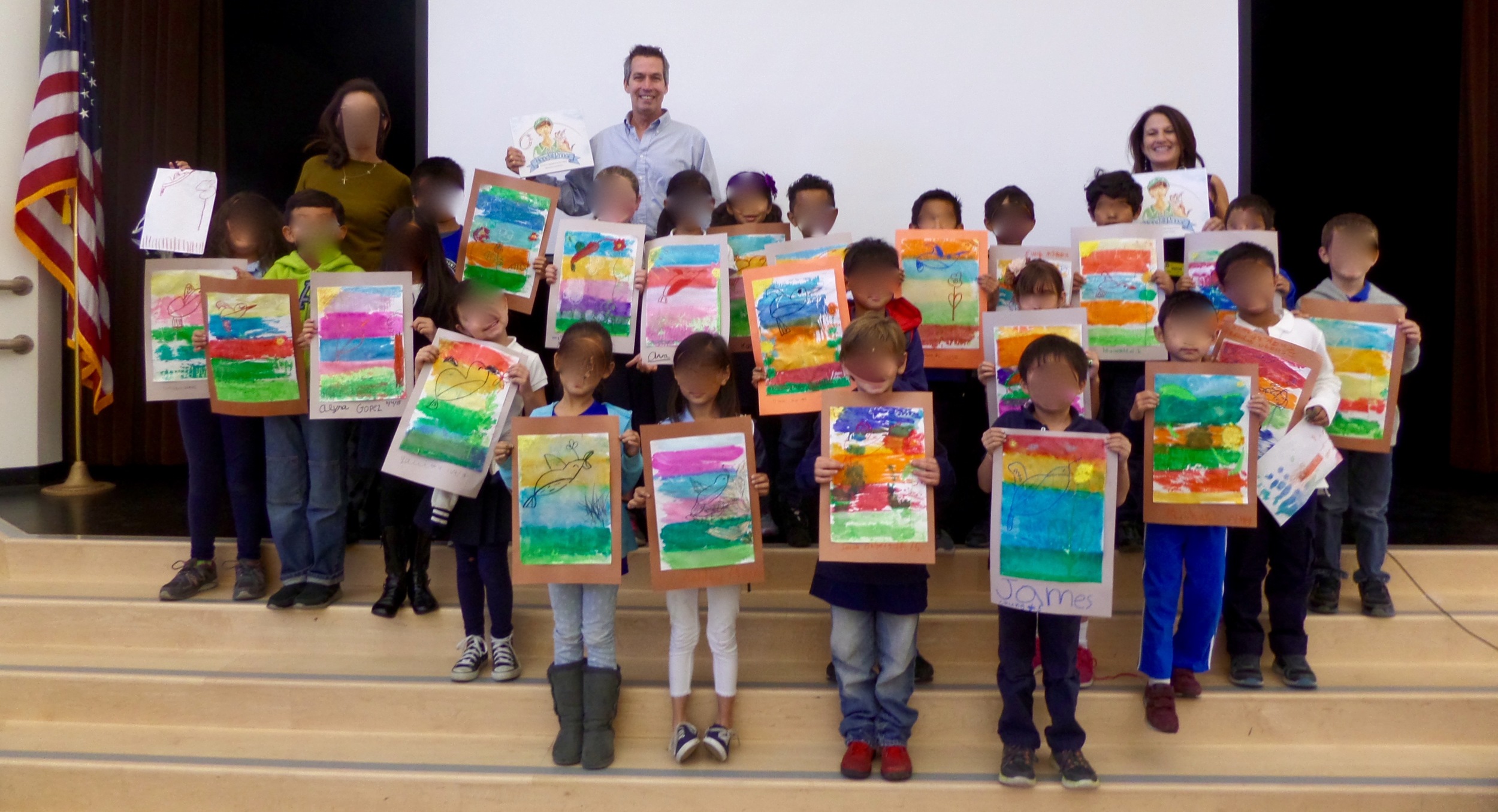  Upon request, Illustrator, Laura Peisner demonstrates an art lesson using an easy and beautiful watercolor resist technique. The results are spectacular and everyone has a good time.