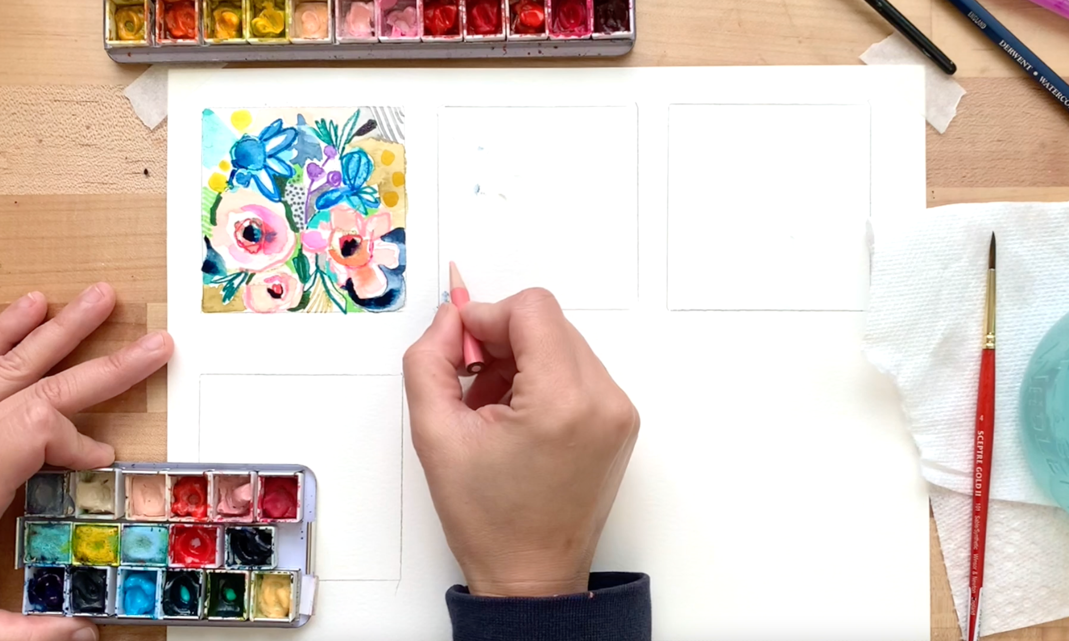 Painting a tiny vase of florals in watercolor, markers and more!