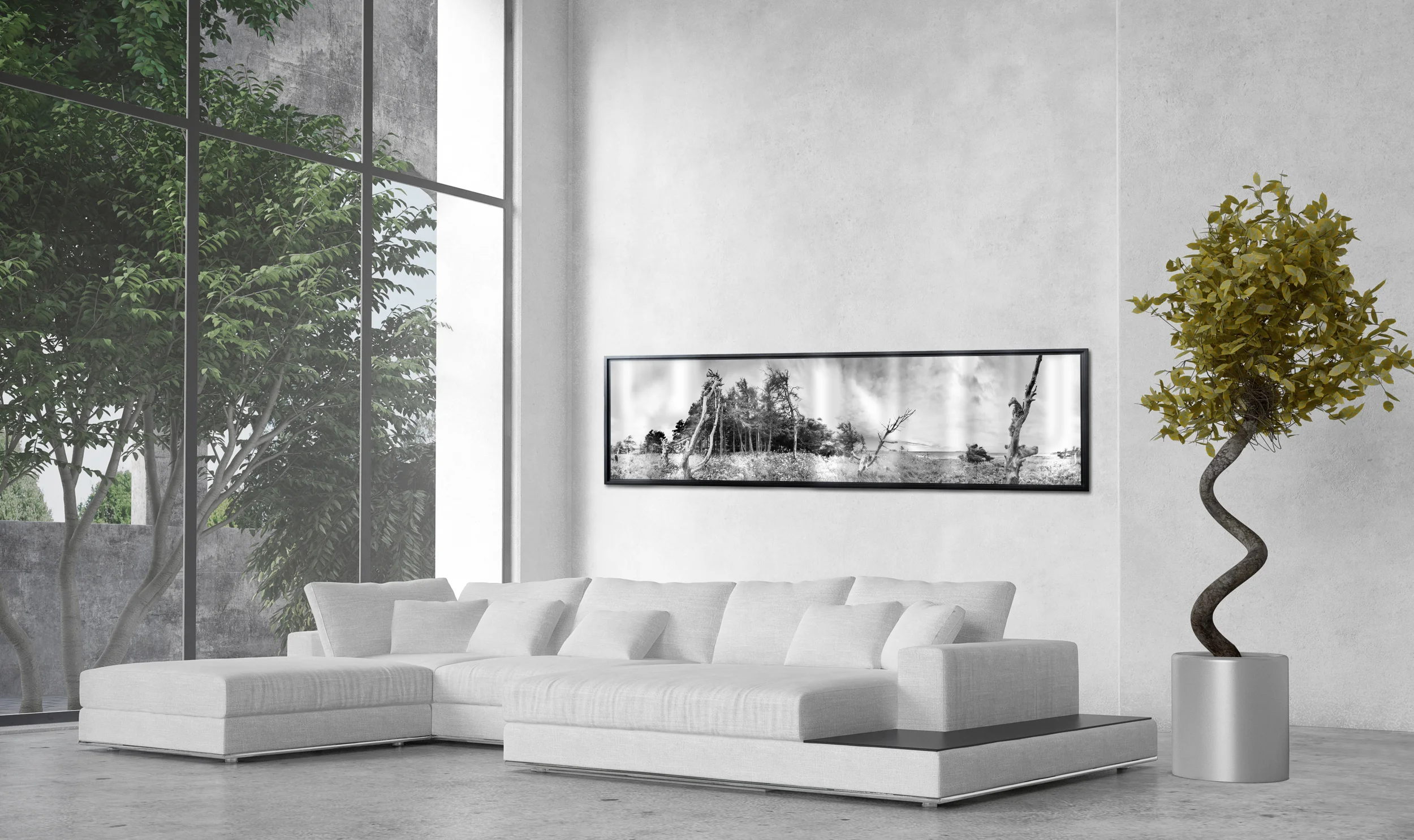 Présentation de l'œuvre Terre des Îles , édition 1/5 . Imprimé sur acier Inoxydable, grandeur 84po x 21po (213,3cm x 53,3cm). Encadrement en Caisse Américaine. © 2016 Robin SImard Photographe